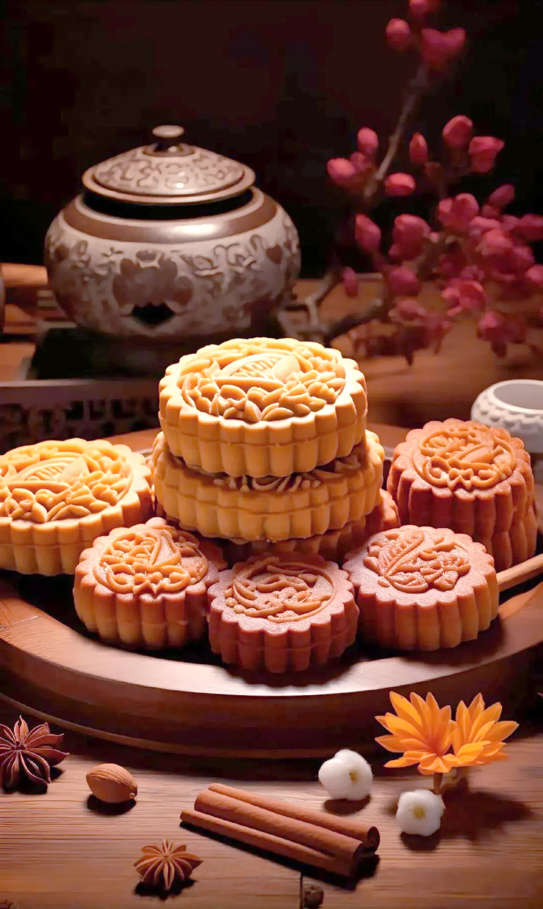 Traditional Mid-Autumn mooncakes — round pastries ready to be cut into wedges and shared