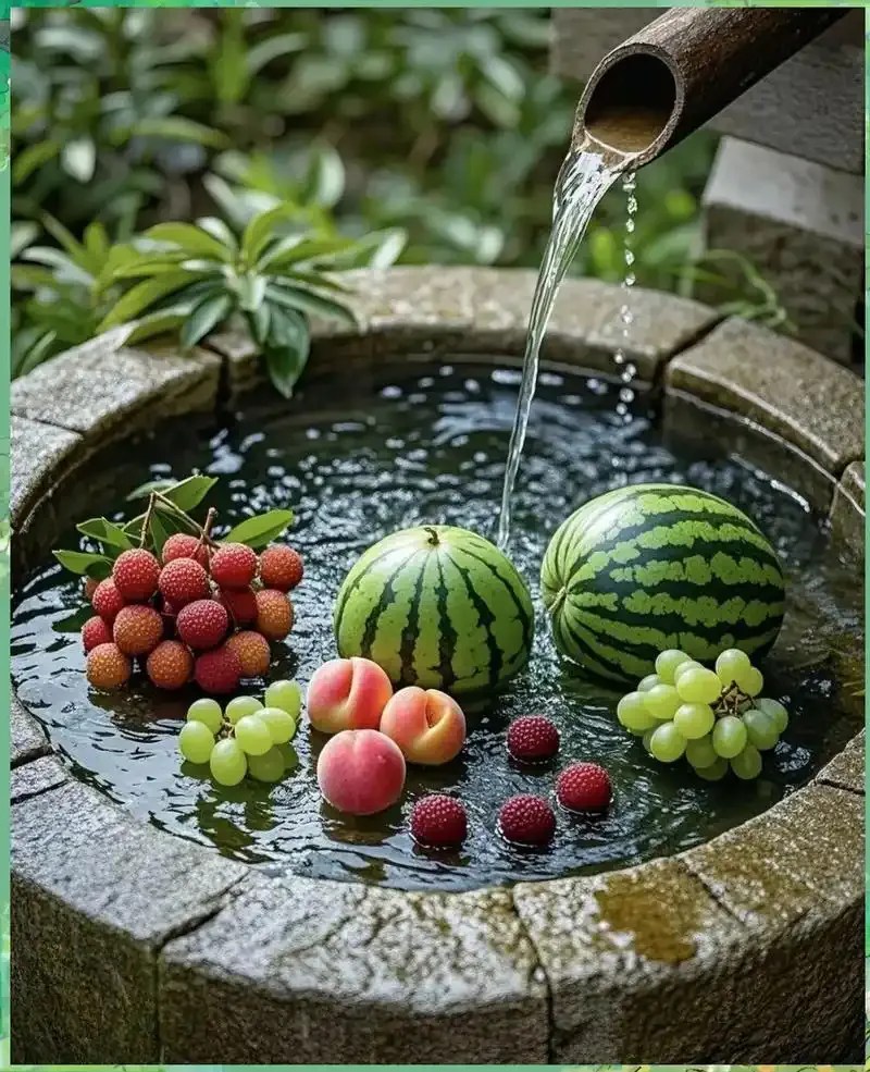 Summer fruits kept cool in an old stone well — natural refrigeration during the solstice heat