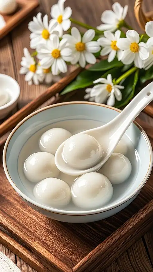 Tang yuan — white glutinous rice balls floating in a warm ginger syrup broth